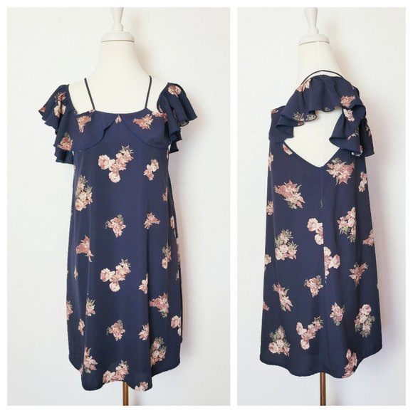 I Joah Tent Dress Navy Blue and Blush Pink Floral Cold Shoulder Knee Length - Picture 9 of 11